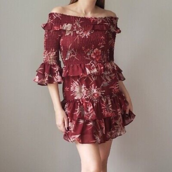 MISA Los Angeles Rima Mini Dress in Floral Burgundy Off the Shoulder Ruffle sz M - Picture 12 of 13